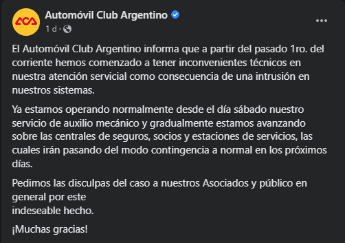 Facebook notice by The Automobile Club of Argentine concerning network intrusion.