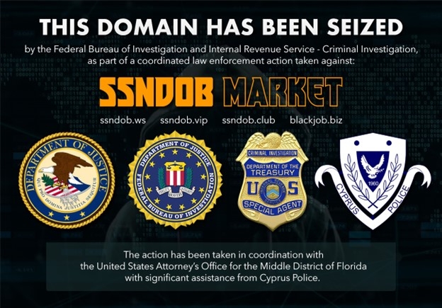 The SSNDOB Market splash page with notice, "THIS DOMAIN HAS BEEN SEIZED by the Federal Bureau of Inestigation and Internal Revenue Service - Criminal Investigation, as part of a coordinated law enforcement action taken against SSNDOB Market"