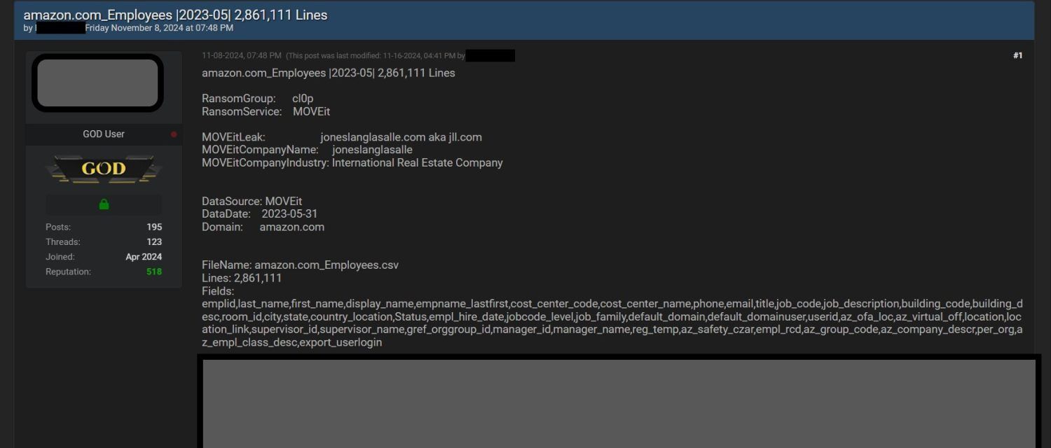 Listing on hacking forum for Amazon employees claims the dataset from May 2023 has 2,861,111 Lines. It identifies the ransom group as Clop, and the source as the MOVEit breach at Jones Lang Lasalle. The listing also shows all the database fields and provies a sample of the data. Image redacted by DataBreaches.net. 