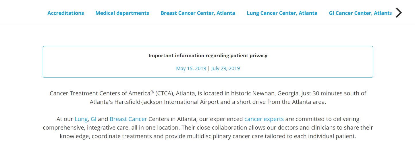 Breach notification link on home page of CTCA Atlanta.