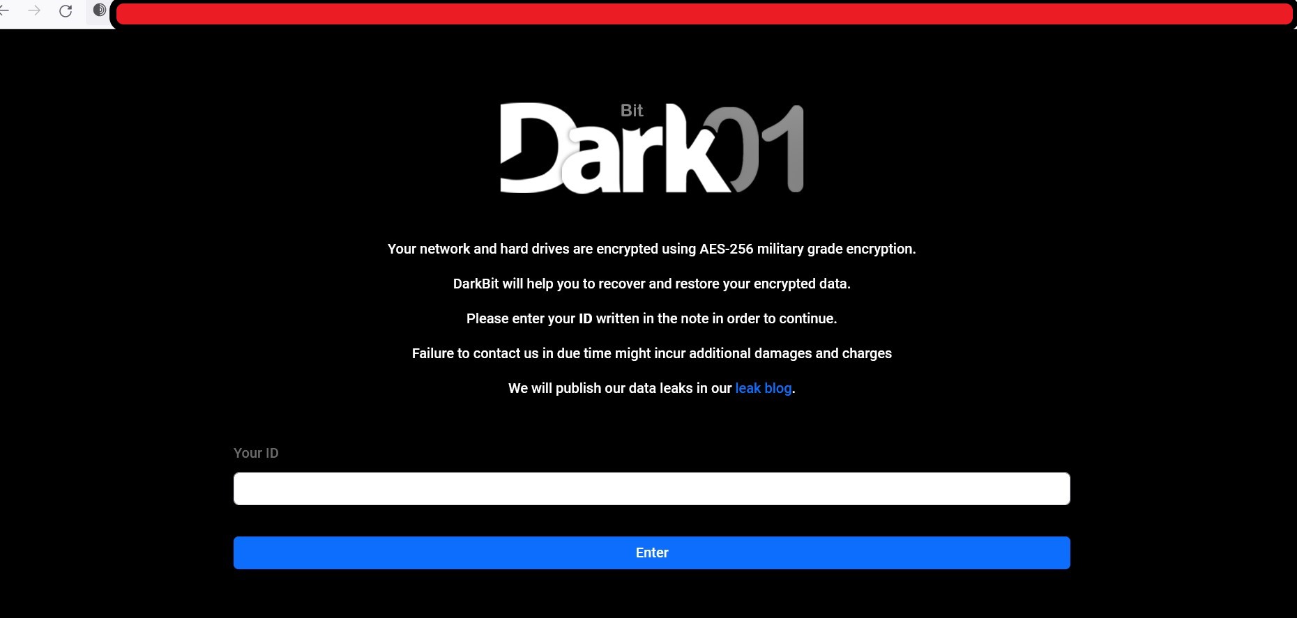Screenshot of DarkBit's support site on Tor.