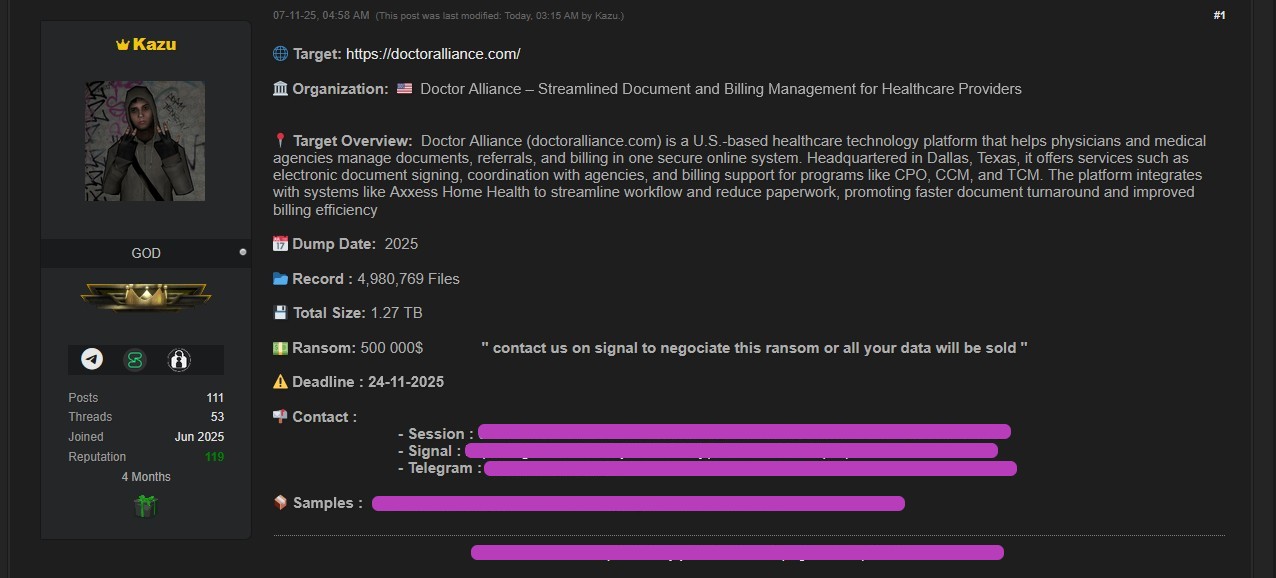 Dump Date: 2025Record : 4,980,769 Files Total Size: 1.27 TB Ransom: 500 000$ " contact us on signal to negociate this ransom or all your data will be sold "