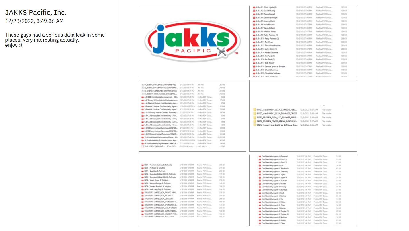 Listing for JAKKS Pacific on ALPHV's leak site includes screencaps of folders and files