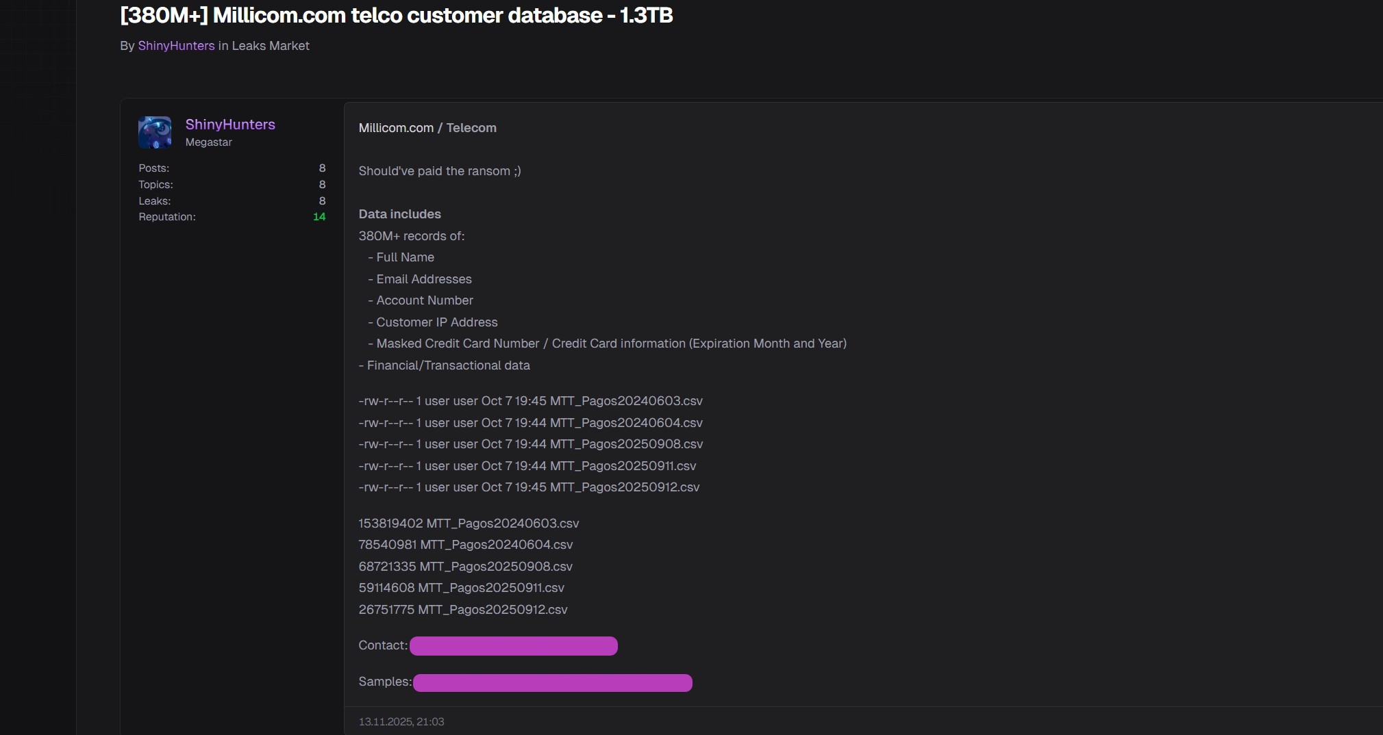 Listing of data for sale from Millicom.com. 