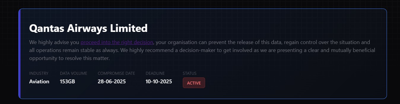 Qantas Airways LimitedWe highly advise you proceed into the right decision, your organisation can prevent the release of this data, regain control over the situation and all operations remain stable as always. We highly recommend a decision-maker to get involved as we are presenting a clear and mutually beneficial opportunity to resolve this matter.
