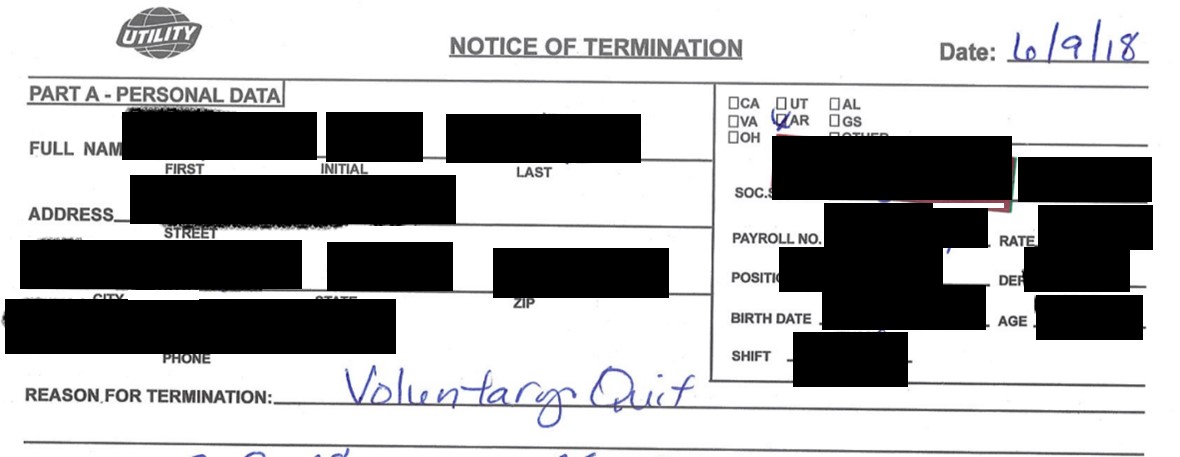 Termination Record for Employee