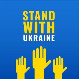 "Stand with Ukraine:" above raised hands. The illustration is in blue and yellow, the colors of Ukraine's flag.