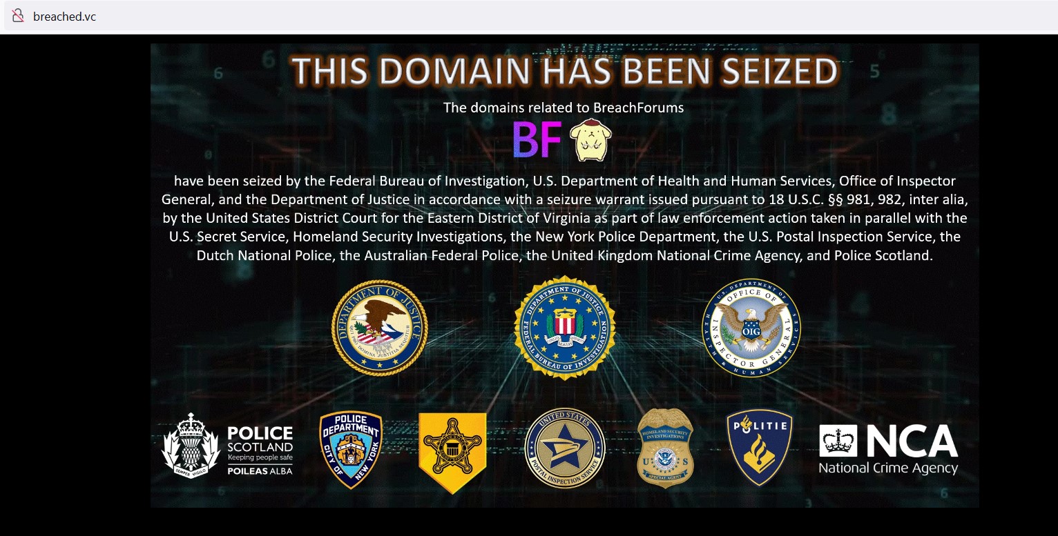 Seizure notice shows Pompompurin's avatar with handcuffs on it and a notice that domains associated with Breach Forums have been seized. 