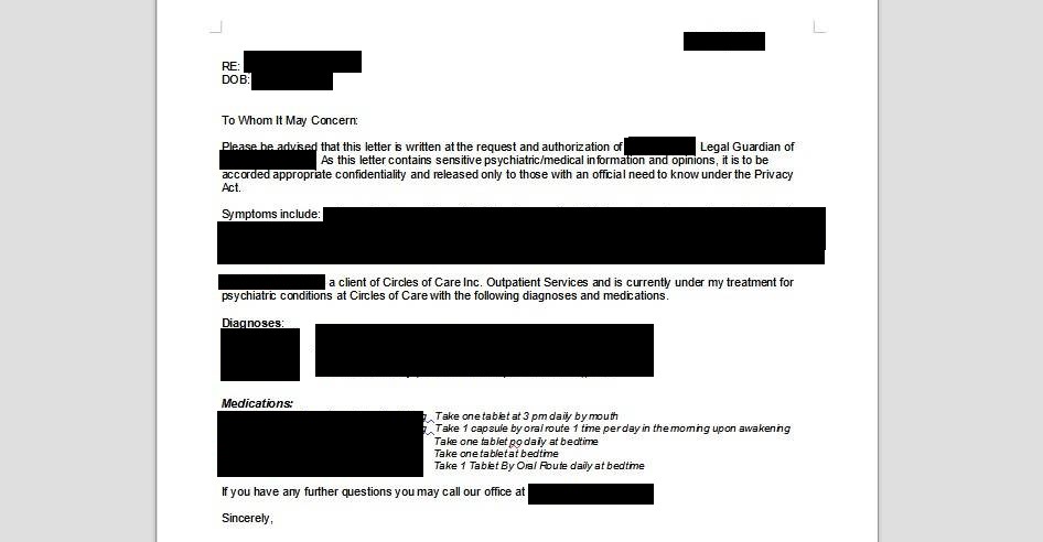 Letter about a teen patient at Circles of Care was heavily redacted by DataBreaches.net.