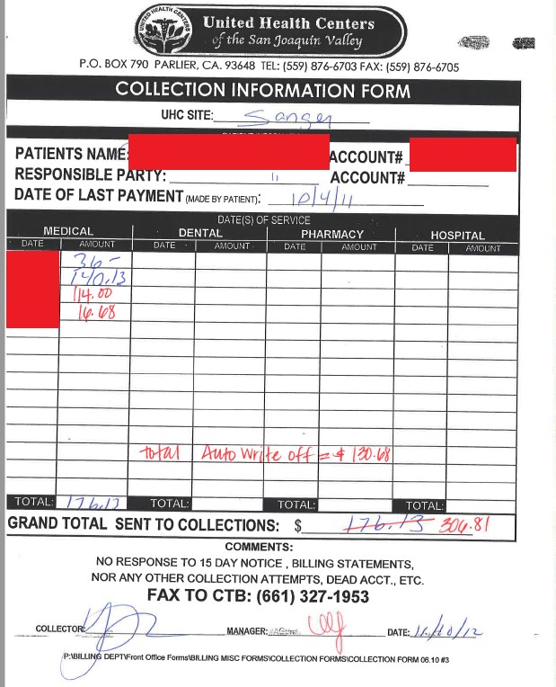 Patient account referred for collection