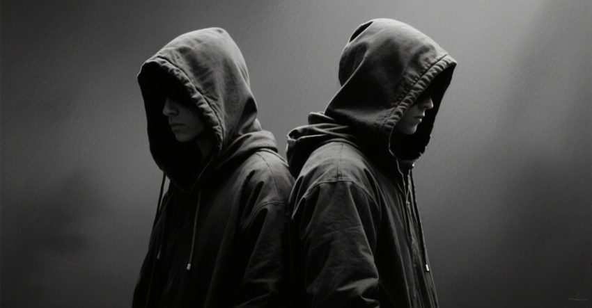 Two hooded figures stand back to back in a grey tones.