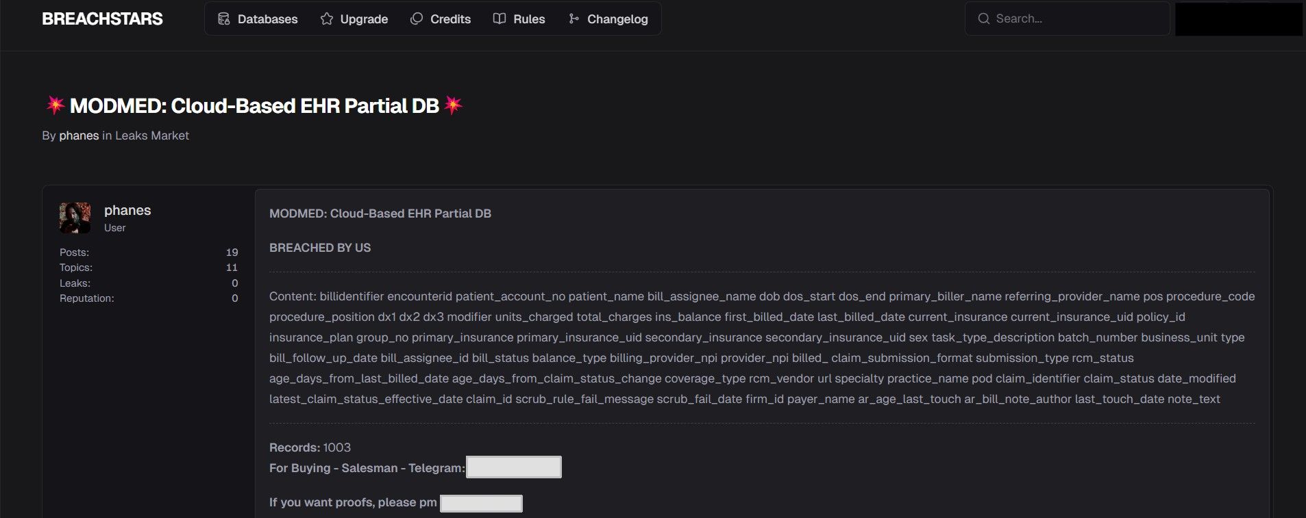 Listing on BREACHSTARS forum for "MODMED Cloud-Based EHR Partial DB"