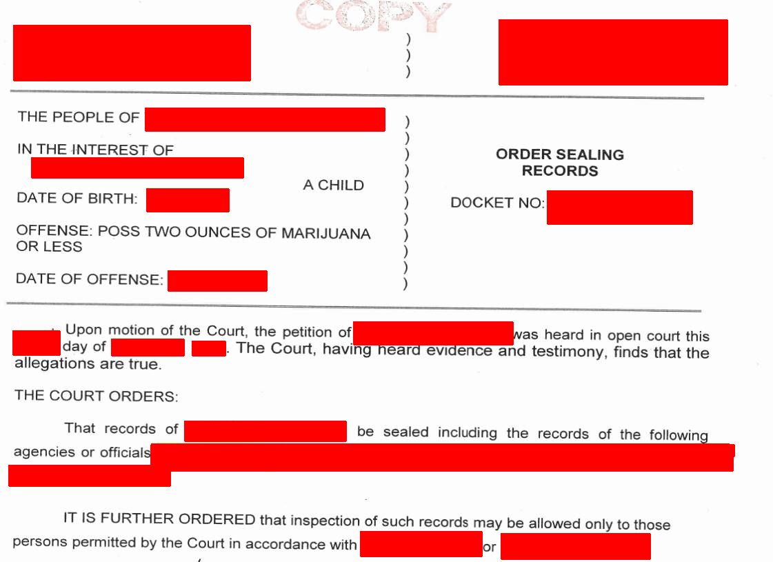 A form indicates that the records of a minor child whose name and date of birth were listed are to be sealed. 