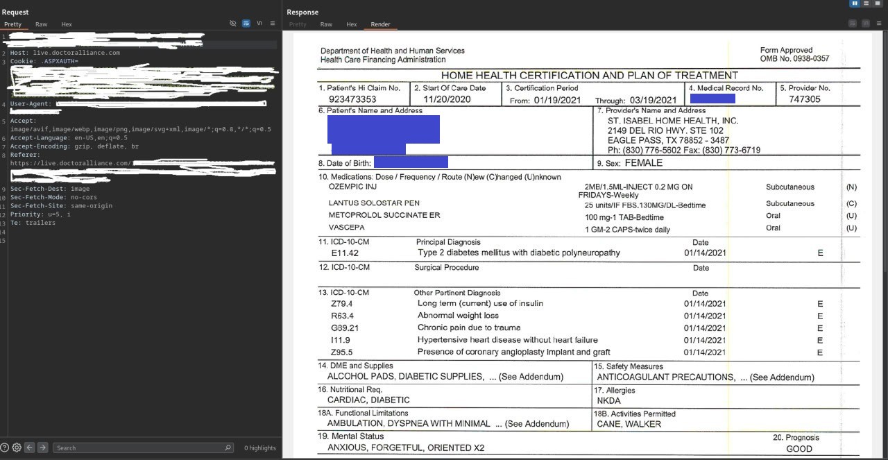 A partial record of a female patient seen by St. Isabel Home Health in November 2020. The patient's name, address, phone, and date of birth have been redacted by DataBreaches.net, as has their medical record number. Deatils of their diagnoses, medications, and other parts of their care plan have not been redacted.
