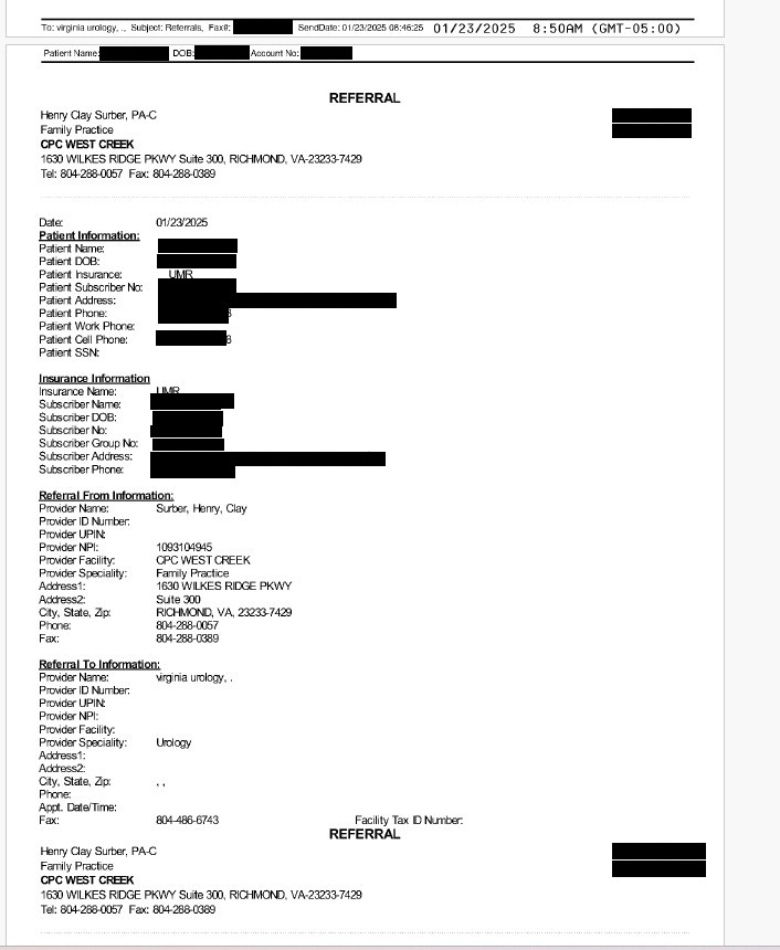 Patient information related to a patient referred to Virginia Urology.