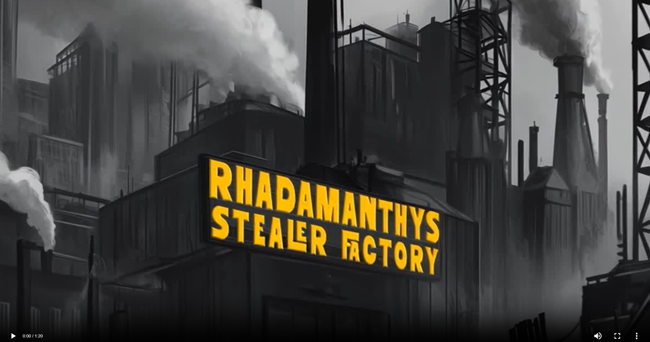 dark illustration of big factory with sign saying "Rhadsmanthys Stealer Factory"